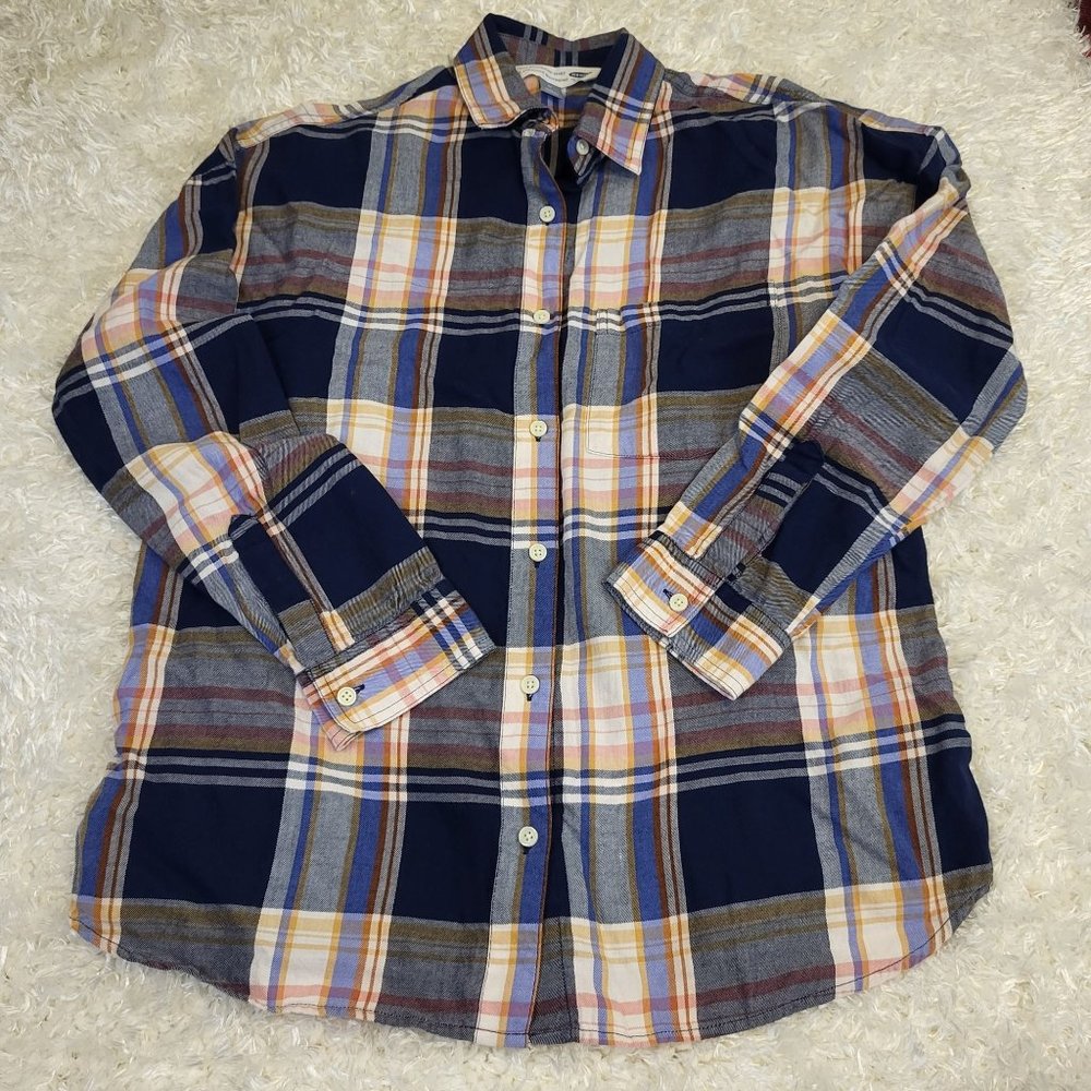 Old Navy Plaid Boyfriend Long Sleeve Button Down Blouse, Medium, Blue/Yellow/Red